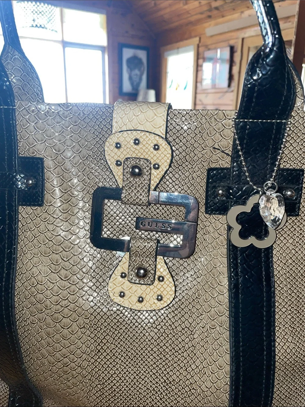 NEW GUESS Black and Cream Faux-Snakeskin Tote Bag with Decorative Buckle